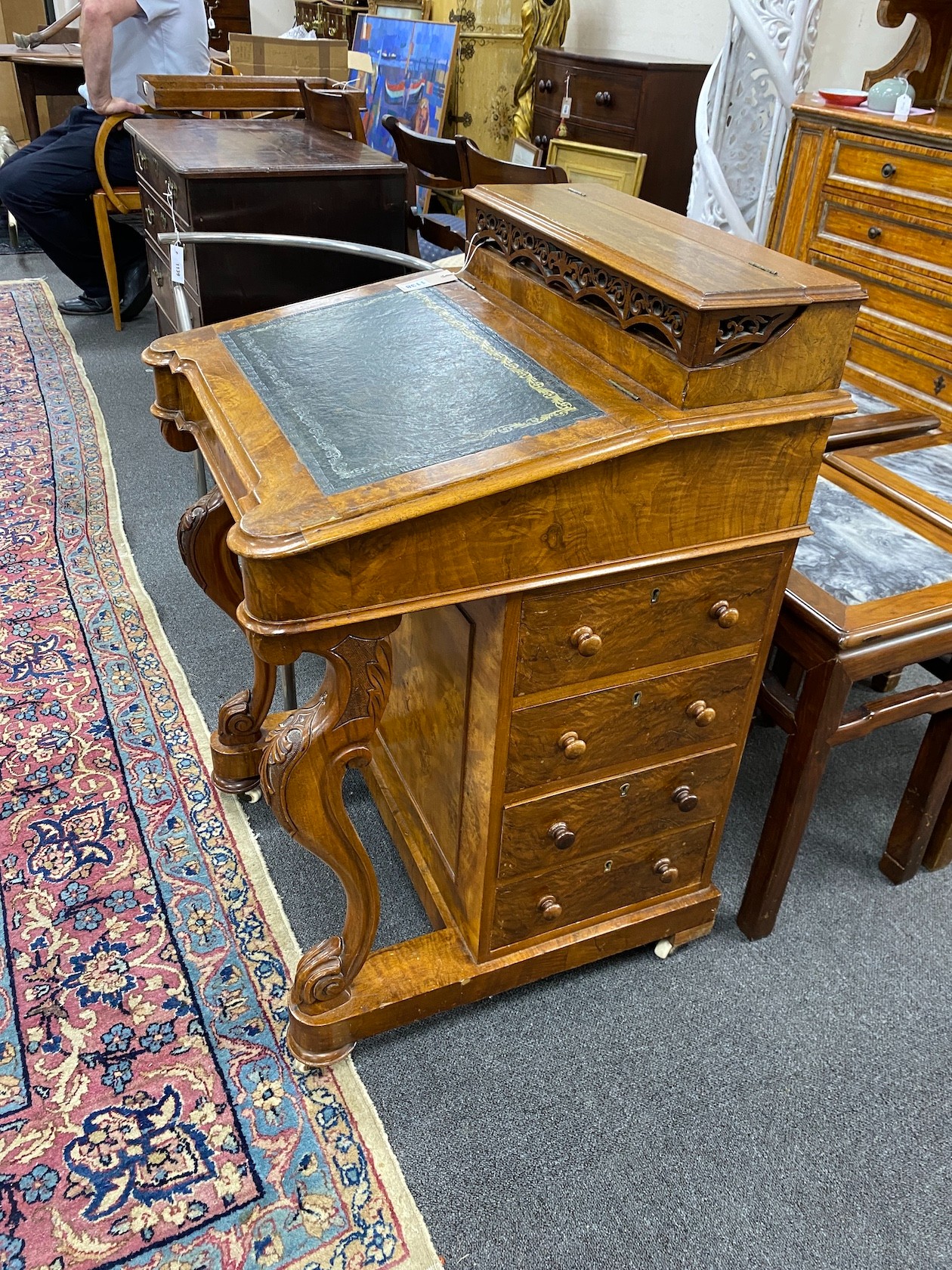 A Victorian figured walnut Davenport, with birdseye maple lined interior, height 89cm, width 56cm, depth 56cm